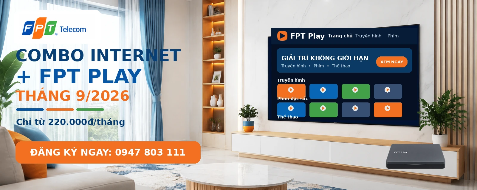 Khuyến mãi Combo FPT tháng 9 với TV minh họa giao diện FPT Play