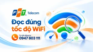 Minh họa đọc tốc độ WiFi bằng biểu tượng sóng và kính lúp